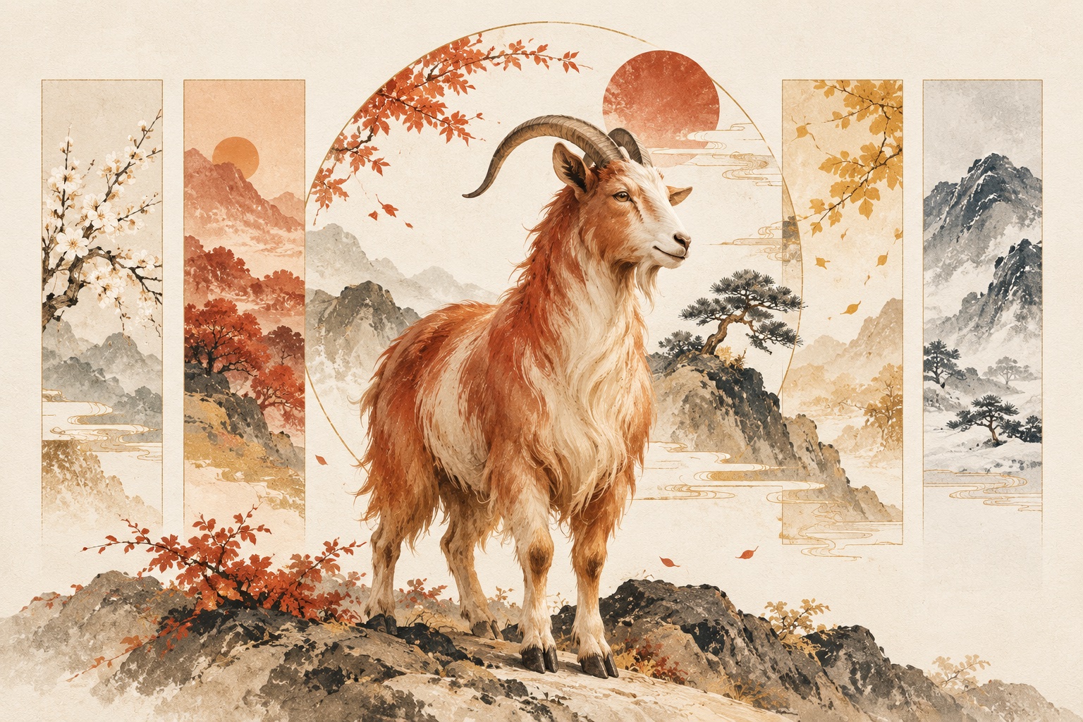 Terracotta-coloured goat with curved horns against an ink-style mountain landscape and four seasonal panels.